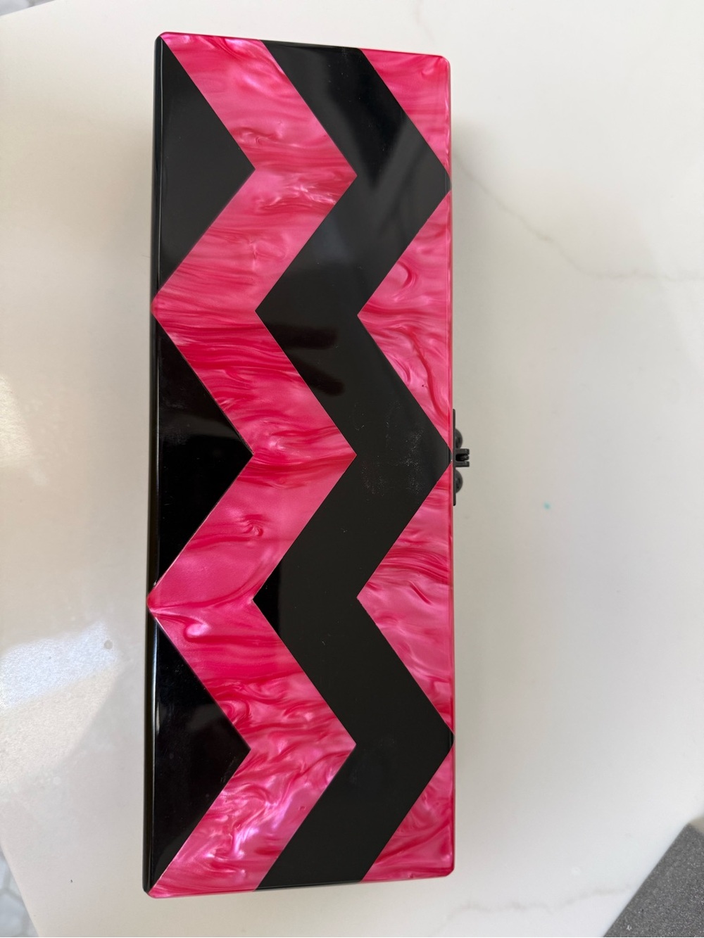 Edie Parker Pink and Black Chevron Acrylic Clutch